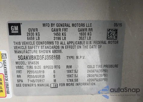 2015 Buick Enclave Leather из США, поврежденный, VIN 5GAKVBKD3FJ358168